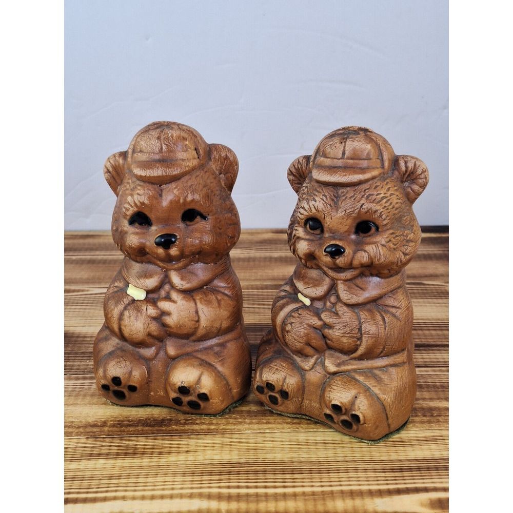Set of 2 - Large Teddy Salt Pepper‎ Shakers 1960s Felted Bottom Bear In Hat 5"